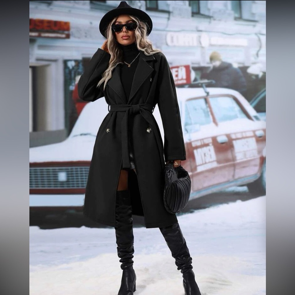 French Lapel Neck Double Breasted Belted Overcoat NWT